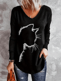 Plus Size Casual T-shirt, Women's Plus Cat Print Long Sleeve V Neck Slight Stretch Top