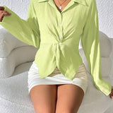 Textured Polo Collar Button Blouse, Casual Long Sleeve Blouse For Spring & Fall, Women's Clothing