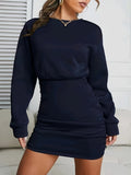 deanwangkt-1  Solid Ruched Crew Neck Dress, Casual Long Sleeve Bodycon Dress, Women's Clothing