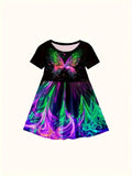 Enchanting 3D Butterfly Adorned Girls' Dress - Soft Cotton Crew Neck, Short Sleeve Design, Ideal for Summer Parties and Everyday Elegance