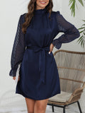 Solid Lace Spliced Midi Dress, Elegant Mock Collar Long Sleeve Lantern Sleeves Waist-Cinched A Line Dress, Women's Clothing