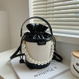 Women's Embossed Bucket Bag, Pearl Chain Crossbody Bag, Mini Top Handle Drawstring Purse (5.5*7.9) Inch