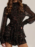 Floral Print High Neck Dress, Elegant Layered Ruffle Long Sleeve Dress, Women's Clothing