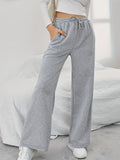 Solid Drawstring Wide Leg Pants, Casual Dual Pockets Pants, Women's Clothing