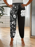 Plus Size Halloween Pants, Women's Plus Skull Print Medium Stretch Tapered Leg Pants