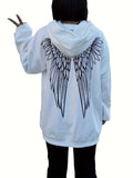 Wings Print Back Hoodies, Casual Drawstring Kangaroo Pocket Sweatshirt, Women's Clothing