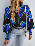 Plus Size Casual Blouse, Women's Plus Floral Print Button Up Lantern Sleeve Turn Down Collar Blouse