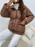 Drawstring Warm Hooded Coat, Casual Zip Up Long Sleeve Winter Outerwear, Women's Clothing