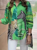 Plus Size Casual Blouse, Women's Plus Animal Print Colorblock Long Sleeve Lapel Collar Asymmetric Hem Shirt Top