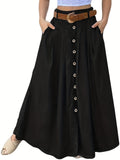 Button Up Maxi Skirt Without Belt, Solid Vacation Casual Skirt, Women's Clothing