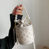 Women's Embossed Bucket Bag, Pearl Chain Crossbody Bag, Mini Top Handle Drawstring Purse (5.5*7.9) Inch