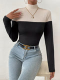 Ribbed Colorblock Mock Neck T-Shirt, Casual Long Sleeve Top For Spring & Fall, Women's Clothing