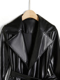 Longline Faux Leather Coat, Elegant Black Lapel Belted Coat For Fall & Winter, Women's Clothing