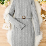 Teen Girls Rib Knitted Warm Bodycon Sweater Dress With Belt