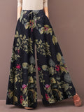 Plus Size Elegant Pants, Women's Plus Floral Print Drawstring Elastic Wide Leg Pants