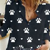 Paw Print Button Front Shirt, Casual Long Sleeve Shirt For Spring & Fall, Women's Clothing