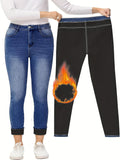 Fleece Liner Slimming Skinny Jeans, Slant Pockets Mid-Stretch Whiskering Tight Jeans, Women's Denim Jeans & Clothing