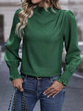 Mock Neck Pleated Simple Blouse, Versatile Long Sleeve Blouse For Spring & Fall, Women's Clothing