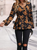 Floral Print V Neck Blouse, Casual Lantern Sleeve Tie-waist Button Decor Blouse, Women's Clothing