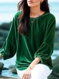 Lantern Sleeve Solid Blouse, Casual Crew Neck Versatile Blouse, Women's Clothing