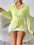 Textured Polo Collar Button Blouse, Casual Long Sleeve Blouse For Spring & Fall, Women's Clothing