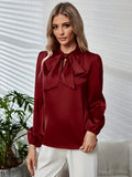 Solid Tie Neck Blouse, Elegant Long Sleeve Blouse For Spring & Fall, Women's Clothing