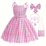 Knee-High Pink Plaid Girls Dress with Belt, Headwear, Backpack, and Jewelry - Cute Slingback Design, Non-Stretch Polyester Fabric, Flared Hem, Woven, Spring/Summer Wear