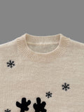 Embroidered Snowflake Crew Neck Knitted Sweater, Casual Long Sleeve Pullover Sweater, Women's Clothing