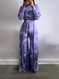 Tie Dye Two-piece Set, Asymmetrical Neck Long Sleeve Crop Top & Drawstring Wide Leg Pants Outfits, Women's Clothing