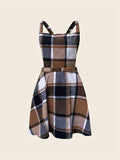 deanwangkt-1  Plaid Print Criss Cross Overall Dress, Elegant Sleeveless Stylish Mini Dress, Women's Clothing