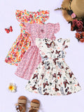 3pcs Little Princess Butterfly Floral Ruffle Trim Dresses - Adorable Belted Casual Summer Dresses for Girls - Polyester Non-Stretch Fabric, A-Line Fit, Perfect for Holiday Gift Party