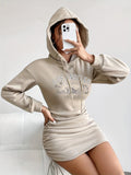 Palm Tree & Letter Hooded Dress, Casual Drawstring Ruched Bodycon Dress For Fall & Winter, Women's Clothing