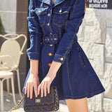 Long Sleeves Lapel Denim Dress, Flap Pockets Mid-Stretch With Waistband Peplum Denim Dress, Women's Denim Clothing