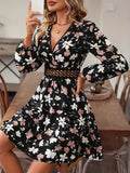 Floral Print Surplice Neck Dress, Elegant Long Sleeve A Line Dress, Women's Clothing