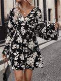 Floral Print Mini Dress, Elegant V Neck Flared Sleeve Dress, Women's Clothing