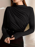 Long Sleeve Ruched T-Shirt, Elegant Solid Top For Fall & Spring, Women's Clothing