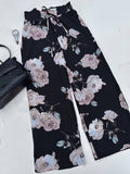 Plus Size Casual Pants, Women's Plus Floral Print Drawstring High Rise Slight Stretch Comfortable Wide Leg Pants