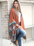 Plus Size Boho Winter Coat, Women's Plus Geometric Print Fringe Trim Batwing Sleeve Open Front Shawl Cape Coat