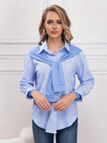 Tie Front Stripe Print Polo Collar Blouse, Casual Long Sleeve Blouse For Spring & Fall, Women's Clothing