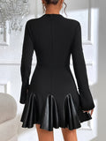 Faux Leather Panel Flare Sleeve Dress, Stylish Crew Neck A-line Dress, Women's Clothing