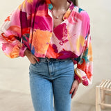 Plus Size Casual Blouse, Women's Plus Colorblock Random Print Button Up Lantern Sleeve V Neck Blouse