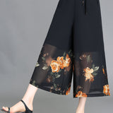 Floral Pattern Chiffon Cropped Wide Leg Pants, Casual Belted Pants For Spring & Summer, Women's Clothing