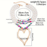 1pc Multilayer Exaggerated Holiday Style Imitation Pearl Peach Heart Charm Necklace Colorful Pine Stone CCB Necklace Charm Multilayer Necklace Gift