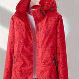 Leaf Print Outdoor Jacket With Removable Hood, Women's Windproof & Rainproof Jacket, Women's Outdoor Clothing