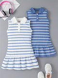 2pcs Adorable Striped Fitted Sleeveless Dress for Girls - Lapel Collar, Knee-High Length, Ruffle Hem, Polyester Material, Loose Silhouette, Perfect for Summer Party and Holiday - Casual and Comfortable