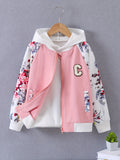 Girls Zip Jacket Floral Print Long Sleeve Fleece Warm Jacket Coat For Kids Teens Autumn And Winter