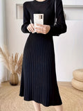 Ribbed Solid Midi Dress, Elegant Crew Neck Long Sleeve Dress, Women's Clothing