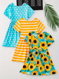 3pcs Girls Charming Short Sleeve Dress Set - Adorable Striped & Polka Dot Print with Sunflower Accent - Lightweight Summer Wear for Parties and Gifts