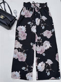 Plus Size Casual Pants, Women's Plus Floral Print Drawstring High Rise Slight Stretch Comfortable Wide Leg Pants