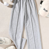 Girls Fashion Solid Color Casual Sports High Waist Wide Leg Pants Straight Leg Pants